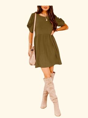 Yibock Twist Knot Puff Sleeve Dress - Olive Green - Size S